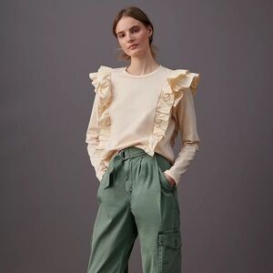 Anthropologie Karina Long Sleeve Crewneck Ruffled Cream Blouse Top